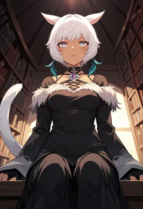 score_9, low angle shot, 1girl, solo, shtla, dark-skinned female, animal ears, tail, whisker markings, short hair, medium breasts, grey eyes, white hair, shaOtft, feather earrings, feathers, brooch, black halterneck, black choker, black dress, long dress, fur-trimmed dress, wide sleeves, black gloves, partially fingerless gloves, claw ring, 
evening sunlight, library, sitting at a table