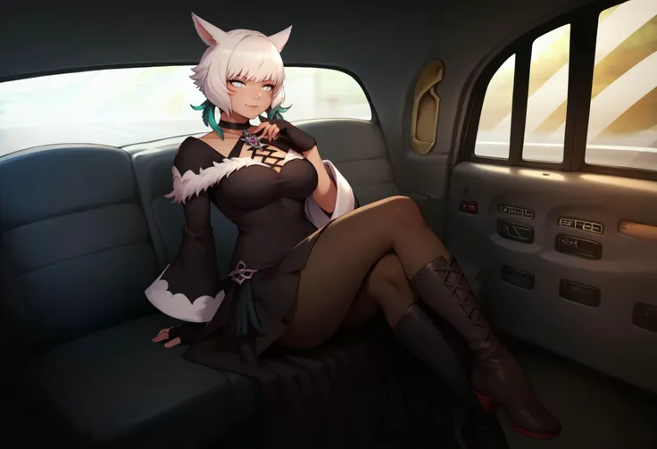 score_9, score_8_up, score_7_up, detailed, 1girl, solo, shtla, dark-skinned female, slit pupils, animal ears, tail, whisker markings, short hair, large breasts, <lora:YshtolaRhulPDXL_V1-Manityro-CAME:1.0>,
grey eyes, white hair, shaOtft, feather earrings, feathers, brooch, black halterneck, black choker, black dress, long dress, fur-trimmed dress, wide sleeves, black gloves, partially fingerless gloves, claw ring, lace-up boots,
seductive smile, smug, crossed legs, hand to chin,
fake taxi, car interior, sitting, ground vehicle, <lora:FakeTaxiMeme_XLPD:0.7>