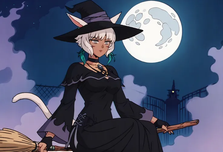 score_9, score_7_up BREAK solo,shtla, dark-skinned female, slit pupils, animal ears, tail, whisker markings, short hair, large breasts,shaOtft, brooch, black halterneck, black choker, black dress, long dress, fur-trimmed dress, wide sleeves, black gloves, partially fingerless gloves,grey eyes, white hair, feather earrings,broom riding,ghosts,witch hat,full moon,night,haunted,sitting <lora:YshtolaRhulPDXL_V1-Manityro-CAME:0.8>