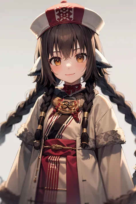 masterpiece, best quality,<lora:anju:1>,1girl,smile, solo, long hair, braid, hat, animal ears, brown eyes, hair tubes, brown hair, ainu clothes,grey background,