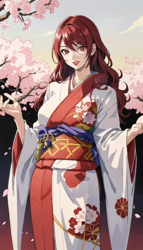 ((masterpiece)), (best quality), (ultra-detailed), best artist, realistic, 4k wallpaper, detailed face, (seductive smiling), 1girl, ((long hair, red hair, red eyes)), (sexy), (in a traditional kimono:1.4), seductive, (red lipstick, parted lips, seductive smiling), Persona3Mitsuru, surrounded by cherry blossoms, one hand on the thigh, skindentation, standing, cowboy shot, looking at viewer, outdoors, oiled skin:0.4, (shiny skin), ((correct composition)) <lora:Persona3Mitsuru:0.8>