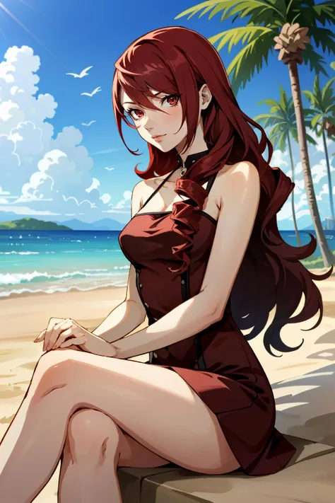 masterpiece, rich colors, Best quality, detailed, high resolution, Hyper quality, high detail, , high quality, detailing, skinny sexy girl on the beach , bright lighting , green eyes, Anime, palm trees, bright lighting, redhead,