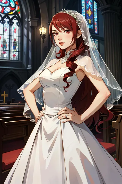 ((masterpiece, best quality))
<lora:Persona3Mitsuru:0.8>
Persona3Mitsuru, 1girl, solo, long hair, red hair, red eyes, wearing a stunning wedding dress, bridal veil, inside a beautiful church, with hands on hips