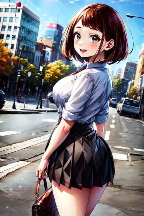 (best quality:1.2), 1girl, (masterpiece:1.2), raytracing, cute face, perfect face, ultra detailed,detailed face, 8k wallpaper, wide hips,  <lora:more_details:0.4>,  <lora:UrarakaOchako_NDV:0.7>, UrarakaOchako_NDV, 1girl, brown eyes, brown hair, large breasts, short hair, blush stickers, standing, outdoor, city, smile, open mouth, school uniform, skirt, shirt, tie, from behind