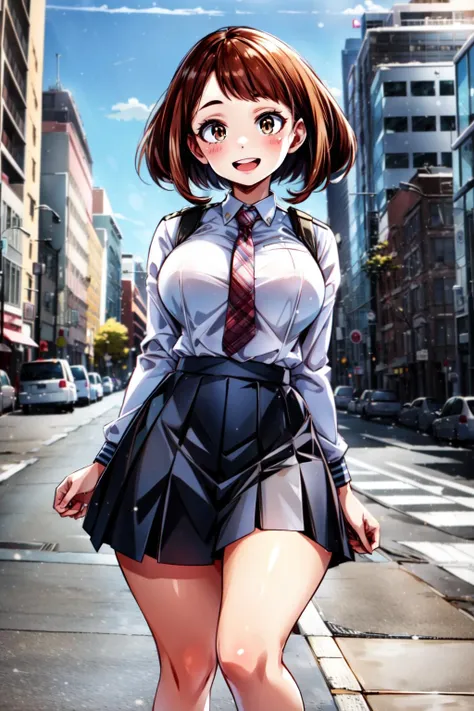 (best quality:1.2), 1girl, (masterpiece:1.2), raytracing, cute face, perfect face, ultra detailed,detailed face, 8k wallpaper, wide hips,  <lora:more_details:0.4>,  <lora:UrarakaOchako_NDV:0.7>, UrarakaOchako_NDV, 1girl, brown eyes, brown hair, large breasts, short hair, blush stickers, standing, outdoor, city, smile, open mouth, school uniform, skirt, shirt, tie, from behind