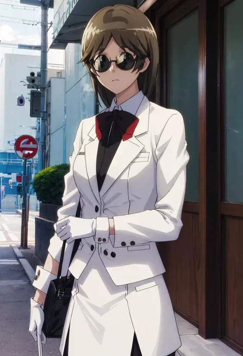 best quality, masterpiece, highres, solo, {todoroki_nene_seitokaiyakuindomo:0.90}, {black business suit:1.40}, {tie:1.20}, {sunglasses:1.25}, {white gloves:1.15}, {white shirt:1.10}, {black skirt:1.15}, {smoking:1.20}, handsome