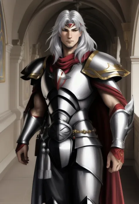 high quality, extremely detailed, perfect face,  <lora:ff4cecil-nvwls-v1:.8> castle hallway, cecil, heavy white armor, silver gauntlets, red cape, masculine face, medium silver hair, silver headband