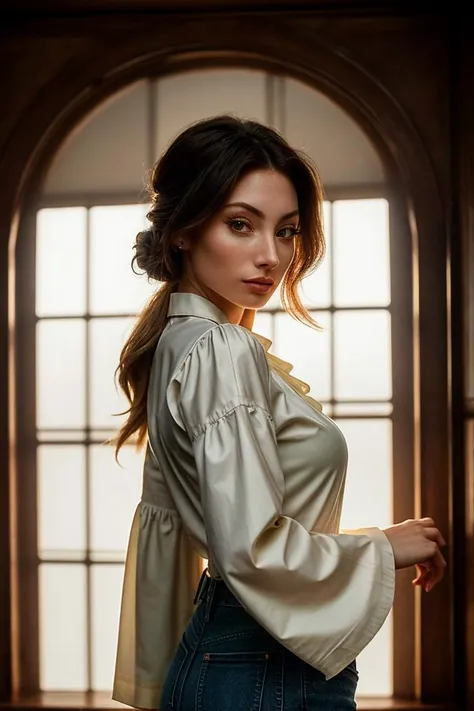 photo of beautiful (EP4vor1:0.99), a woman in (backgrounnd:1.1), perfect hair upsweep updo, wearing Paper Bag Brown (Bell Sleeve Blouse, Straight-leg Jeans:1.1), ((Lovecore:1.1)), modelshoot style, (extremely detailed CG unity 8k wallpaper), professional majestic (photography by cindy sherman:1.1), (Hasselblad 500C Camera), 24mm, exposure blend, hdr, faded, extremely intricate, High (Detail:1.1), Sharp focus, dramatic, soft cinematic light, (looking at viewer), (detailed pupils), (upper body), 4k textures, elegant, ((((cinematic look)))), soothing tones, insane details, hyperdetailed, low contrast, SFW