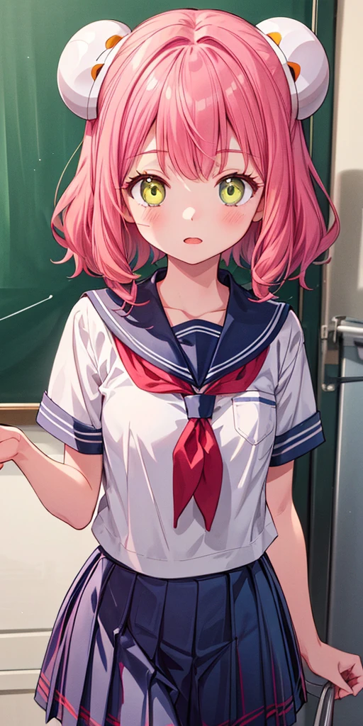 (masterpiece,ultra-detailed,best quality,8K,illustration,perfect-composition:1.0),(kawaii,ite girl:1.0) <lora:add_detail:1>, <lora:AriesV1:0.6> Aries, heterochromia, pink hair, green eyes, bangs, hair ornament, hairpods, yellow eyes, wavy hair, medium hair,(school uniform:1.0)
