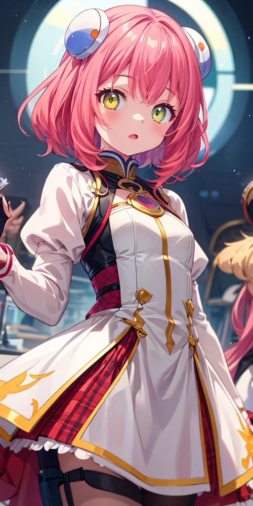(masterpiece,ultra-detailed,best quality,8K,illustration,perfect-composition:1.0),(kawaii,ite girl:1.0) <lora:add_detail:1>, <lora:AriesV1:0.6> Aries, heterochromia, pink hair, green eyes, bangs, hair ornament, hairpods, yellow eyes, wavy hair, medium hair