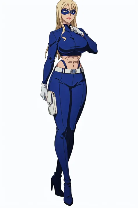 masterpiece, high quality, best quality, 1girl, (muscular:1.0), muscles, abs, biceps, thighs, obliques, abs lines, naval, thighs, fit, (gigantic breasts:1.0), buffed, (closed mouth, half smile), (full-coverage attire, functional, proper, elegant, and modest attire:1.5), stripperella, blue and black skin-tight full-length bodysuit, belt, mask, lipstick, blue gloves, blue high heel boots, blonde hair, long hair, blue eyes, (white background:1.5), anime coloring, anime screencap, anime style, anime key visual, (full body:1.5), <lora:Stripperella:0.50>