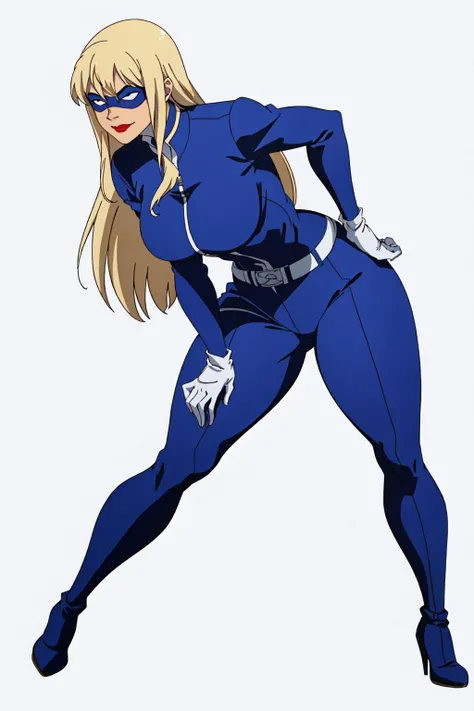 masterpiece, high quality, best quality, 1girl, (muscular:1.0), muscles, abs, biceps, thighs, obliques, abs lines, naval, thighs, fit, (gigantic breasts:1.0), buffed, (closed mouth, half smile), (full-coverage attire, functional, proper, elegant, and modest attire:1.5), stripperella, blue and black skin-tight full-length bodysuit, belt, mask, lipstick, blue gloves, blue high heel boots, blonde hair, long hair, (white background:1.5), anime coloring, anime screencap, anime style, anime key visual, (full body:1.5), <lora:Stripperella:0.50>
