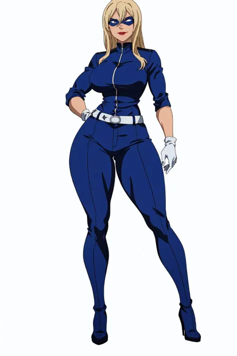 masterpiece, high quality, best quality, 1girl, (muscular:1.0), muscles, abs, biceps, thighs, obliques, abs lines, naval, thighs, fit, (gigantic breasts:1.0), buffed, (closed mouth, half smile), (full-coverage attire, functional, proper, elegant, and modest attire:1.5), stripperella, blue and black skin-tight full-length bodysuit, belt, mask, lipstick, blue gloves, blue high heel boots, blonde hair, long hair, (white background:1.5), anime coloring, anime screencap, anime style, anime key visual, (full body:1.5), <lora:Stripperella:0.50>