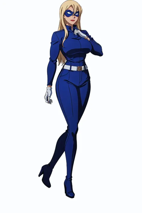 masterpiece, high quality, best quality, 1girl, (muscular:1.0), muscles, abs, biceps, thighs, obliques, abs lines, naval, thighs, fit, (gigantic breasts:1.0), buffed, (closed mouth, half smile), (full-coverage attire, functional, proper, elegant, and modest attire:1.5), stripperella, blue and black skin-tight full-length bodysuit, belt, mask, lipstick, blue gloves, blue high heel boots, blonde hair, long hair, (white background:1.5), anime coloring, anime screencap, anime style, anime key visual, (full body:1.5), <lora:Stripperella:0.50>