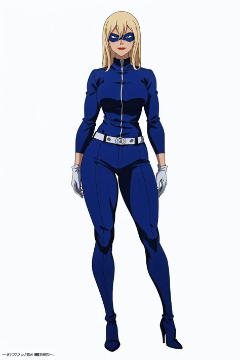 masterpiece, high quality, best quality, 1girl, (muscular:1.0), muscles, abs, biceps, thighs, obliques, abs lines, naval, thighs, fit, (gigantic breasts:1.0), buffed, (closed mouth, half smile), (full-coverage attire, functional, proper, elegant, and modest attire:1.5), stripperella, blue and black skin-tight full-length bodysuit, belt, mask, lipstick, blue gloves, blue high heel boots, blonde hair, long hair, (white background:1.5), anime coloring, anime screencap, anime style, anime key visual, (full body:1.5), <lora:Stripperella:0.50>