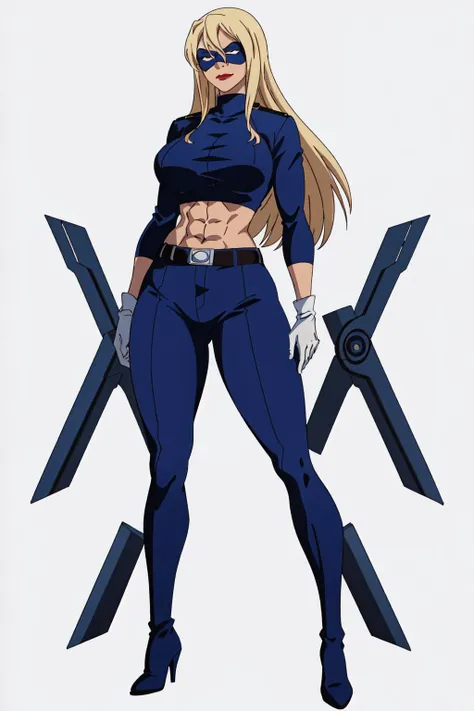masterpiece, high quality, best quality, 1girl, (muscular:1.0), muscles, abs, biceps, thighs, obliques, abs lines, naval, thighs, fit, (gigantic breasts:1.0), buffed, (closed mouth, half smile), (full-coverage attire, functional, proper, elegant, and modest attire:1.5), stripperella, blue and black skin-tight full-length bodysuit, belt, mask, lipstick, blue gloves, blue high heel boots, blonde hair, long hair, (white background:1.5), anime coloring, anime screencap, anime style, anime key visual, (full body:1.5), <lora:Stripperella:0.50>