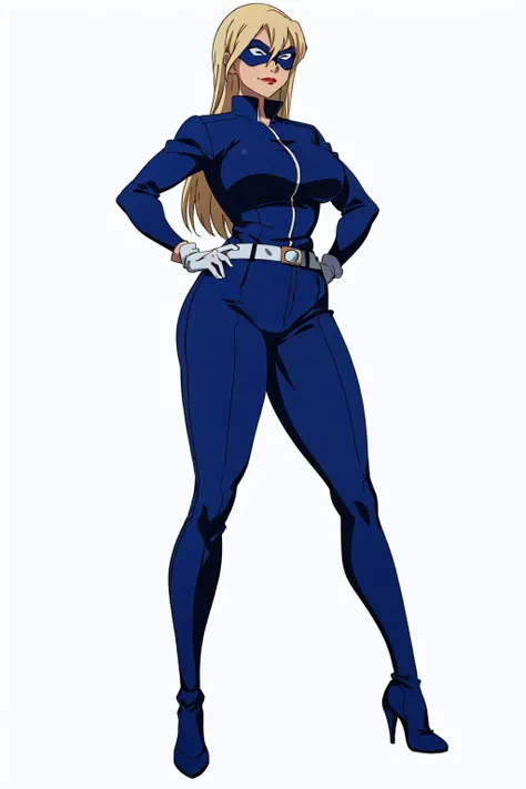 masterpiece, high quality, best quality, 1girl, (muscular:1.0), muscles, abs, biceps, thighs, obliques, abs lines, naval, thighs, fit, (gigantic breasts:1.0), buffed, (closed mouth, half smile), (full-coverage attire, functional, proper, elegant, and modest attire:1.5), stripperella, blue and black skin-tight full-length bodysuit, belt, mask, lipstick, blue gloves, blue high heel boots, blonde hair, long hair, (white background:1.5), anime coloring, anime screencap, anime style, anime key visual, (full body:1.5), <lora:Stripperella:0.50>