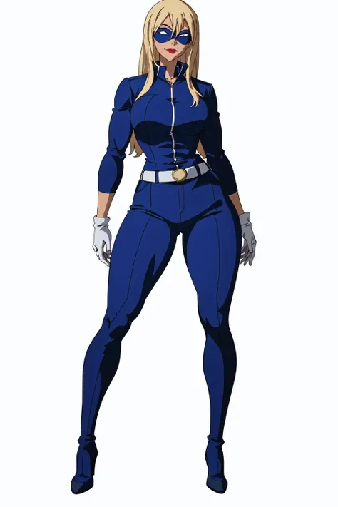 masterpiece, high quality, best quality, 1girl, (muscular:1.0), muscles, abs, biceps, thighs, obliques, abs lines, naval, thighs, fit, (gigantic breasts:1.0), buffed, (closed mouth, half smile), (full-coverage attire, functional, proper, elegant, and modest attire:1.5), stripperella, blue and black skin-tight full-length bodysuit, belt, mask, lipstick, blue gloves, blue high heel boots, blonde hair, long hair, (white background:1.5), anime coloring, anime screencap, anime style, anime key visual, (full body:1.5), <lora:Stripperella:0.50>