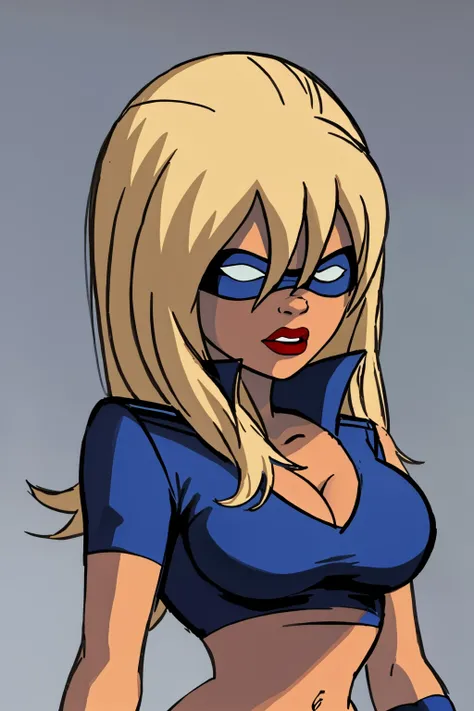 masterpiece, best quality, 1girl, stripperella, blonde hair, long hair, mask, crop top, breasts, closeup, looking at viewer, sketch, solo, simple background <lora:Stripperella:1>