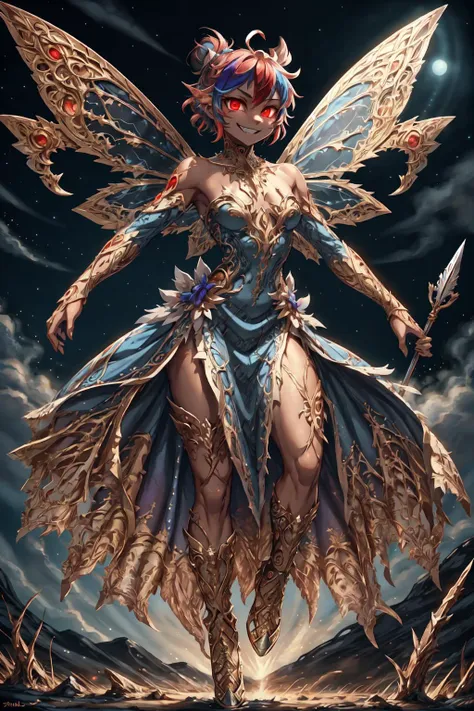 TinkerWaifu, single hair bun,fairy wings, in the air, savage grin, glowing red eyes, (perfect eyes),
flying, full body, perfect hourglass body,
strapless dress, menacing gesture, spear in hand,
(masterpiece:1.2), (highly detailed:1.2), (intricate:1.2), (best quality:1.2),(8k:1.2),
cinematic light, vivid colors
tropical island, volcano, clear summer night,
<lora:tinkerbell_character:0.7>  <lora:fl0ralbusti3r:1> <lora:Clothing - Fractal Fairy Armor:1> multi colored fr4ctal4rmor, multi coloredwings