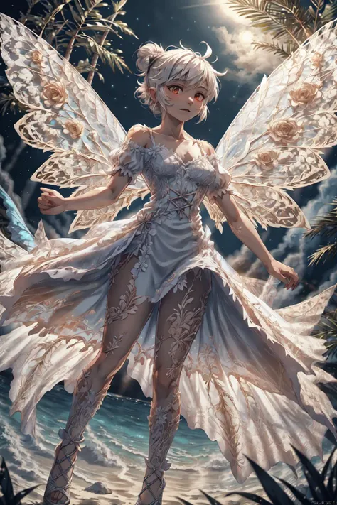 TinkerWaifu, single hair bun,fairy wings, in the air,
flying, full body, perfect hourglass body,
 fl0ralbusti3r, white dress, short sleeves, short dress, dress, floral bustier,
(masterpiece:1.2), (highly detailed:1.2), (intricate:1.2), (best quality:1.2),(8k:1.2),
cinematic light, vivid colors
tropical island, volcano, clear summer night,
<lora:tinkerbell_character:0.7>  <lora:fl0ralbusti3r:1> <lora:Clothing - Fractal Fairy Armor:1> fr4ctal4rmor, wings