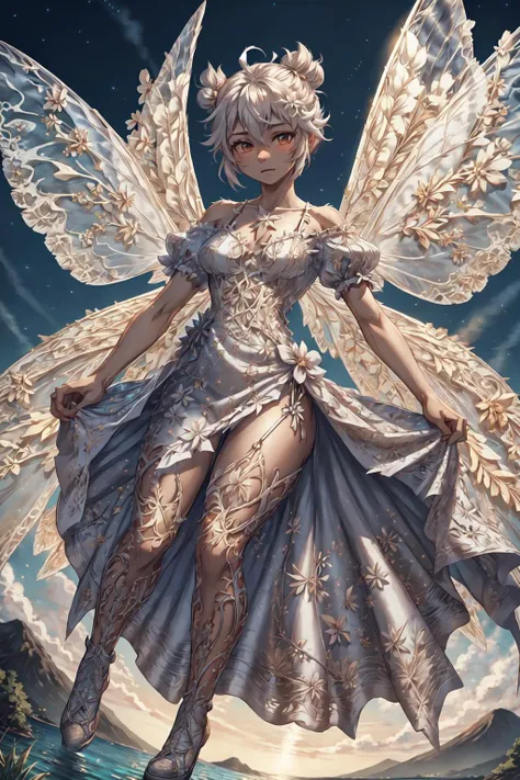 TinkerWaifu, single hair bun,fairy wings, in the air,
flying, full body, perfect hourglass body,
 fl0ralbusti3r, white dress, short sleeves, short dress, dress, floral bustier,
(masterpiece:1.2), (highly detailed:1.2), (intricate:1.2), (best quality:1.2),(8k:1.2),
cinematic light, vivid colors
tropical island, volcano, clear summer night,
<lora:tinkerbell_character:0.7>  <lora:fl0ralbusti3r:1> <lora:Clothing - Fractal Fairy Armor:1> fr4ctal4rmor, wings