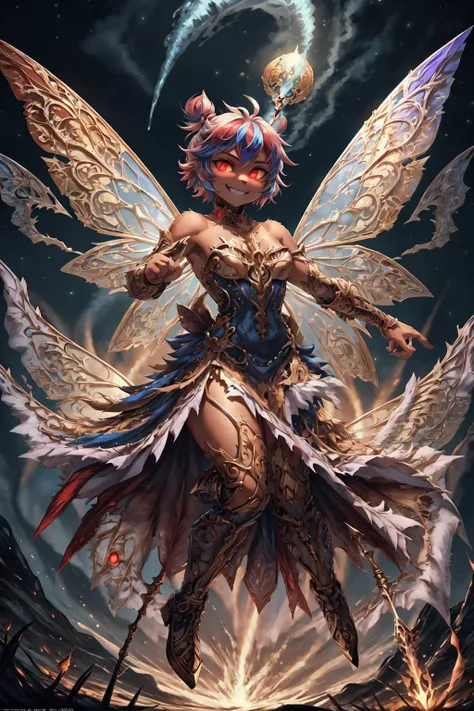 TinkerWaifu, single hair bun,fairy wings, in the air, savage grin, glowing red eyes, (perfect eyes),
flying, full body, perfect hourglass body,
strapless dress, menacing gesture, spear in hand,
(masterpiece:1.2), (highly detailed:1.2), (intricate:1.2), (best quality:1.2),(8k:1.2),
cinematic light, vivid colors
tropical island, volcano, clear summer night,
<lora:tinkerbell_character:0.7>  <lora:fl0ralbusti3r:1> <lora:Clothing - Fractal Fairy Armor:1> multi colored fr4ctal4rmor, multi coloredwings