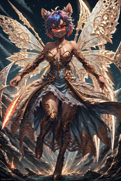 TinkerWaifu, single hair bun,fairy wings, in the air, savage grin, glowing red eyes, (perfect eyes),
flying, full body, perfect hourglass body,
strapless dress, menacing gesture, spear in hand,
(masterpiece:1.2), (highly detailed:1.2), (intricate:1.2), (best quality:1.2),(8k:1.2),
cinematic light, vivid colors
tropical island, volcano, clear summer night,
<lora:tinkerbell_character:0.7> <lora:fl0ralbusti3r:1> <lora:Clothing - Fractal Fairy Armor:1> multi colored fr4ctal4rmor, multi coloredwings