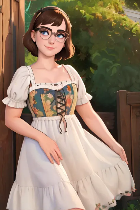 <lora:floralbustierdress-freckledvixon:0.6>, fl0ralbusti3r, white dress, short sleeves, short dress, dress, floral bustier, <lora:bzl:0.8>, bzl_test, brown hair, (grey|blue) eyes, glasses, (freckles:0.3), closed smile, <clip:skip:2> || hair, skin, clothing, masterpiece, 8k, high resolution, shallow depth of field, sharp focus