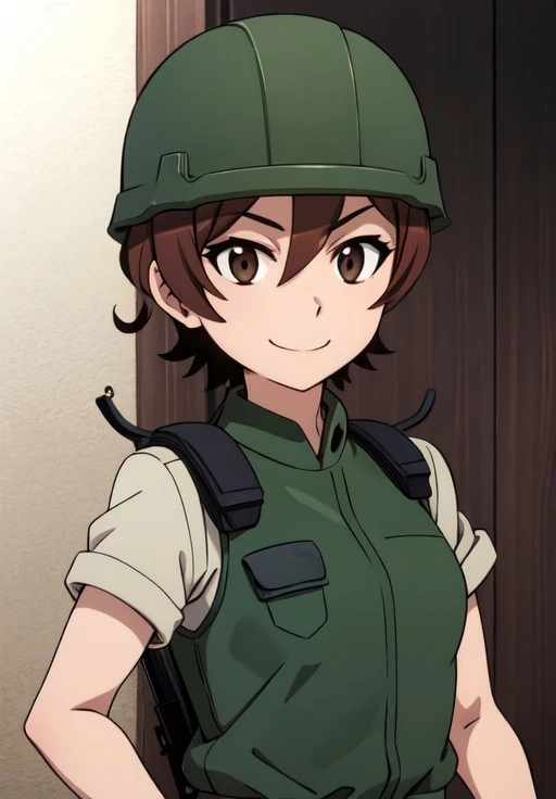 <lora:gate_sk:0.8>, gate_sk, smile, uniform, rifle, helmet, vest, seductive