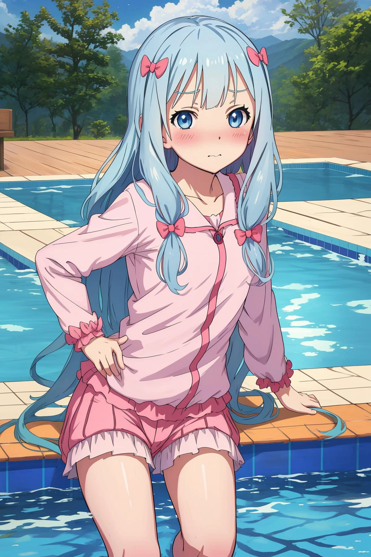 eromanga sensei, masterpiece, best quality,blue eyes, izumi sagiri,pool,blush