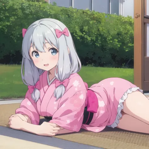 sagiri_izumi,1girl,pink bow,pink kimono,lying<lora:sagiri_v1:0.7>