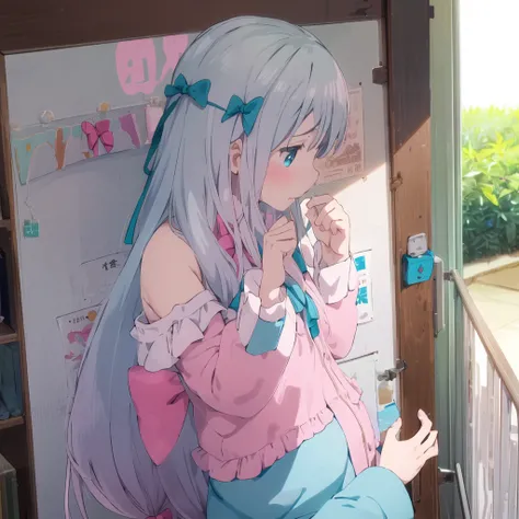 sagiri_izumi,1girl,pink bow,off shoulder,angry,face focus<lora:sagiri_v1:0.8>