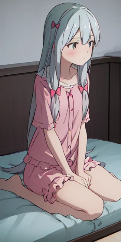 izumi_sagiri,bow, pink_bow, long_hair,silver hair, pajamas, hair_bow,sagiri_izumi,1girl,sagiri_izumi,1girl, blue green zipper coat,face front,closed mouth<lora:sagiri_v1:0.8>,detailed,masterpiece,ultra-detailed,solo,(1boy),(white background:1.3),izumi_sagiri,bow, pink_bow, long_hair,silver hair, t-shirt, hair_bow, blush, collarbone,closed mouth,sitting, full_body,((one girl)), ((izumi_sagiri)),bow, pink_bow, long_hair,silver hair, pajamas, hair_bow, pink hairpin, white short sleeve t-shirt, masterpiece, best quality, <lora:IzumiSagiri_sagiriV1:0.5>, izumi_sagiri,bow, pink_bow, long_hair,silver hair, pajamas, hair_bow, detailed,masterpiece,ultra-detailed,solo,(1boy),(white background:1.3),izumi_sagiri,bow, pink_bow, long_hair,silver hair, t-shirt, hair_bow, blush, collarbone,closed mouth,sitting, full_body, ((normal sized eyes)),Shy by nature, very afraid of strangers. Fear of face-to-face contact with outsiders,With snow-white skin, silver-white long hair, and water-blue pupils, she is a beautiful girl with regular facial features, tender and delicate. Slender and petite, (She seems to be an extremely silent and expressionless character, but she is actually the type who can easily write her emotions on her face)