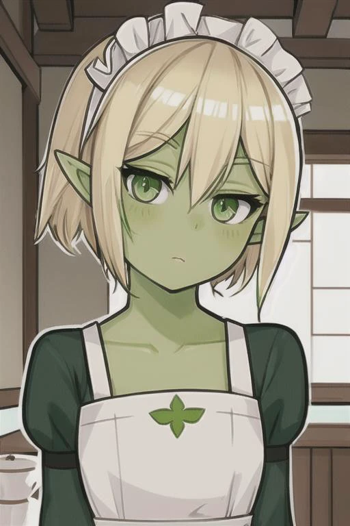 <lora:wasabiV1:.85>, wasabi, 1girl, solo, green skin, blonde hair, green eyes, pointy ears, short hair, maid, maid_headdress, maid_apron, indoors, upper body