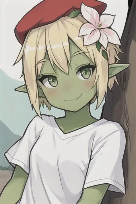 <lora:wasabiV1:.9>, wasabi, 1girl, solo, green skin, blonde hair, green eyes, pointy ears, colored skin, short hair, red hat, hair ornament, hair flower, smile, white shirt, outdoors, outside,