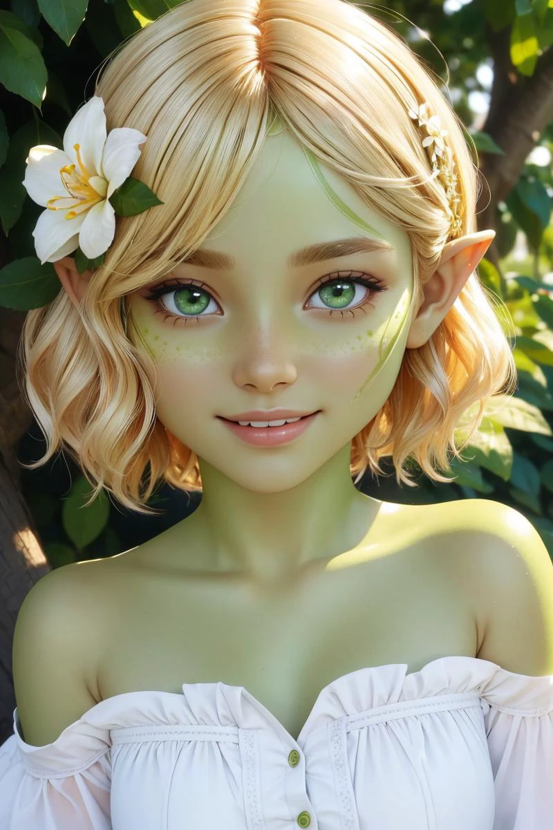 professional photo of wasabi, 1girl, solo, (green skin:1.4), (green eyes:1.2), pointy ears, colored skin, BREAK hair ornament, blonde hair, short hair, hair flower, flower, smile, shirt, outdoors, outside,
detailed skin, detailed eyes, detailed face,
volumetric light, highrez, masterpiece, best quality,
<lora:wasabiV1:1:MIDD>