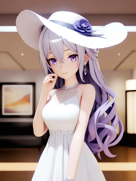 mmd,(masterpiece, best quality:1.2)1girl,solo,purple eyes,long hair,jewelry,earrings,looking at viewer,flower,dress,hat flower,white dress,indoors,bangs,hair between eyes,smile,