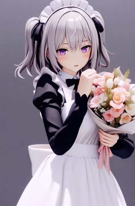 mmd,(masterpiece, best quality:1.2),
1girl, solo, flower, bouquet, purple eyes, maid headdress, looking at viewer, maid, apron, holding, white background, long sleeves, holding bouquet, grey hair, dress, bow, juliet sleeves, puffy sleeves, blush, simple background, parted lips, frills, ribbon, two side up, hair bow, maid apron