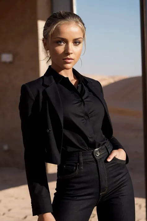 photo of K4th14N0b1l1_HM-137, a woman, perfect hair, (modern photo), wearing black jeans, black button-up shirt, wool coat, 70mm standard (analog, cinematic, film grain:1.3), Glass Desert, Desert planet with smooth, mirror-like surface due to extreme heat., detailed eyes, professional pose, (epiCPhoto), (looking at viewer:1.1), (cinematic shot:1.3), (short style lighting), OverallDetail, SkinHairDetail