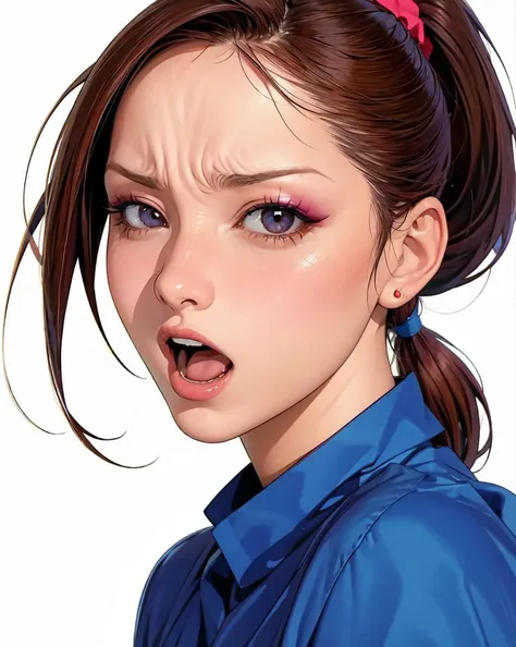 face of lady, make up, (look at viewer), ponytail, ((painful eyes:0.8), open mouth:1.4),
(best quality, realistic:1.4)