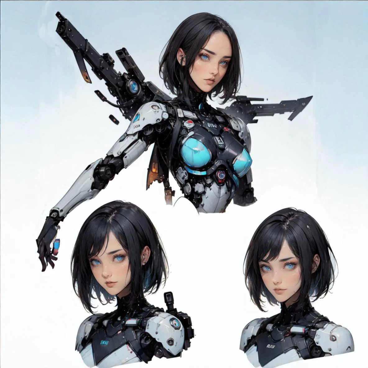 (CharacterSheet:1),1girl, solo, looking at viewer, short hair, belt, robot, science fiction, black hair, huge breasts, blue eyes, android, cable, mechanical arms, cyborg, cyberpunk, mechanical parts,(multiple views, full body, upper body, reference sheet:1), (simple background, white background),<lora:biomanic:0.6> ,<lora:CharacterDesign_Concept-10:1>, <lora:Raven:1>