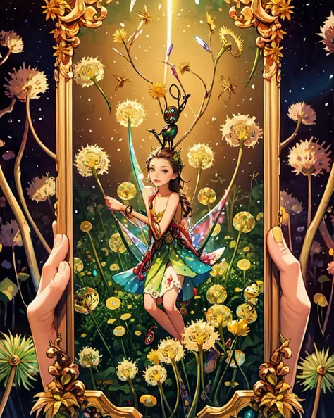 (fantasy:1.4), (Lost land of fairies), magic, acrylic, mythological, flying fairies, night, moss, forest, (dandelions, glittering:1.4), sparkling, (Craola:1.4), patchwork, vintage, art on a cracked paper, luminism, vibrant colors, complex background