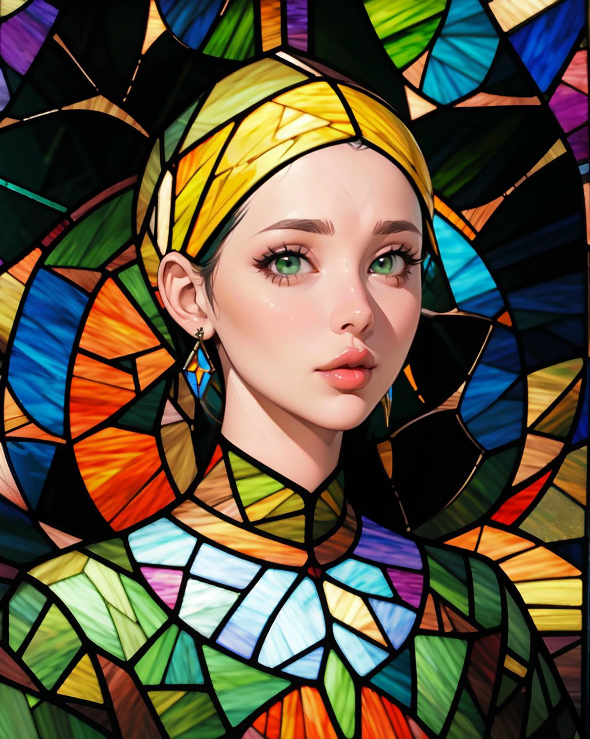 (fantasy, realistic:1.4), the girl with a Pearl Earring, two parts in one art, pale skin, yellow and blue and orange and white color palette, complex colors, Craola, (stained glass:1.4),
night, forest, (fireflies), sky, (cotton clouds), flat, vintage, art on a cracked paper, storybook style, mystical, luminism, vibrant colors