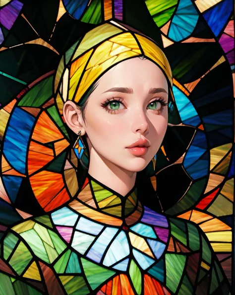 (fantasy, realistic:1.4),  the girl with a Pearl Earring, two parts in one art, pale skin, yellow and blue and orange and white color palette, complex colors, Craola, (stained glass:1.4), 
night, forest, (fireflies), sky, (cotton clouds), flat, vintage, art on a cracked paper,  storybook style, mystical, luminism, vibrant colors