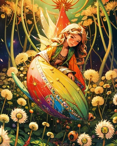 (fantasy:1.4), (Lost land of fairies), magic, acrylic, mythological, flying fairies, night, moss, forest, (dandelions, glittering:1.4), sparkling, (Craola:1.4), patchwork, vintage, art on a cracked paper, luminism, vibrant colors, complex background