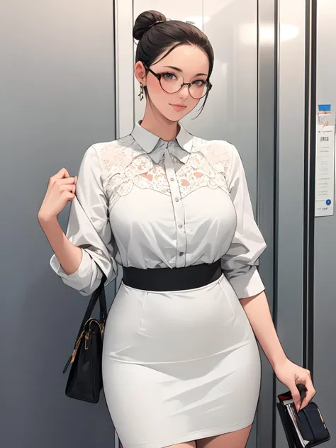 masterpiece, best quality, intricate detail, 1girl, <lora:Gang Cheol Wang (1):0.5>, office lady, cowboy shot, office, holding wallet, lobby, elevator, cross earrings, under-rim eyewear, hair bun,