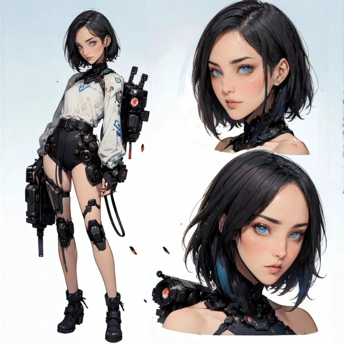 (CharacterSheet:1),1girl, solo, looking at viewer, short hair, belt, robot, science fiction, blach hair, blue eyes, android, cable, mechanical arms, cyborg, cyberpunk, mechanical parts,(multiple views, full body, upper body, reference sheet:1), (simple background, white background),<lora:biomanic:0.6> ,<lora:CharacterDesign_Concept-10:1>, <lora:Raven:1>