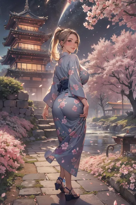 (masterpiece:1.3), (best quality:1.3), 8k, highres, intricate detailed, highly detailed, detailed background, depth of field, hdr, raw photo, sharp focus, film grain, tilt camera, perspective, full body shot, looking back over shoulder, 1girl, solo, beautiful woman, mature female, ponytail, blonde hair, brown eyes, (long eyelashes:1.3), (eyeshadow:1.3), blush, gloss lips, (smirk:1.3), large breasts, curvy body, yukata, high heels, looking at viewer, strolling in japanese village, outdoors, cherry blossom tree, falling petals, japanese castle, japanese architecture, east asian architecture, scenery, landscape, foggy, nighttime, dark atmosphere, starry sky