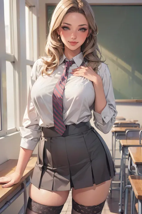 (masterpiece:1.3), (best quality:1.3), illustration, 8k, highres, intricate detailed, highly detailed, detailed background, depth of field, hdr, raw photo, sharp focus, film grain, nature lighting, front view, 1girl, solo, beautiful woman, random hairstyle, blonde hair, brown eyes, (long eyelashes:1.3), (eyeshadow:1.3), (blush:1.3), (gloss lips:1.3), (smirk:1.3), (large breasts:1.3), school uniform, long school necktie, tight miniskirt, thighhighs, looking at viewer, sexy pose, indoors, classroom